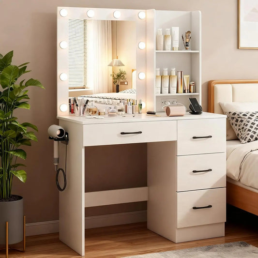 COSTWAY Vanity Desk with Mirror and Lights - Modern Makeup Vanity Desk w/ 4 Storage Drawers, 2 Shelves & Charging Station for Bedroom, White