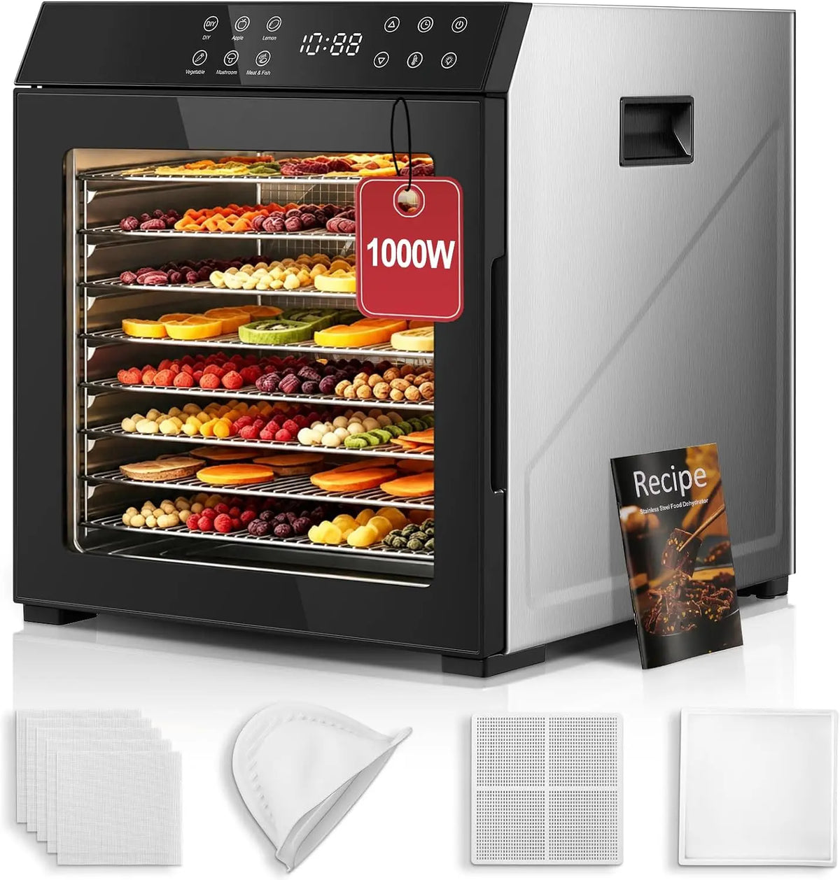 FOHERE Food Dehydrator 1000W 10 Trays - With Digital Timer 176 Degrees