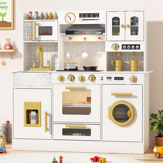 BIERUM Wooden Play Kitchen for Kids Ages 3-8 with Lights & Sounds - White