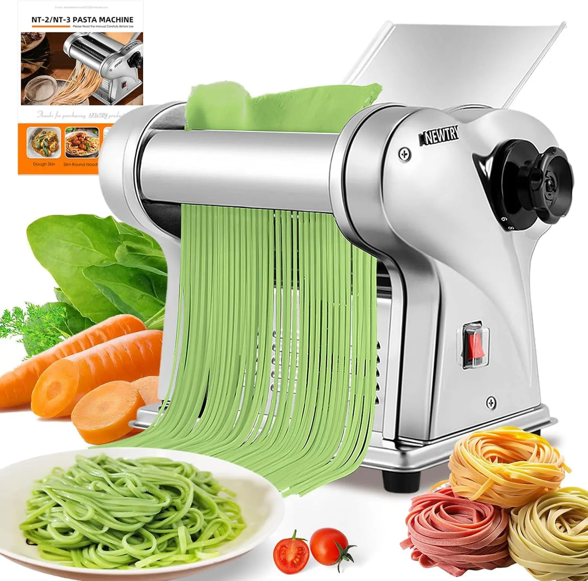 NEWTRY Electric Pasta Maker Noodle Maker Pasta Making Machine Dough Roller Cutter Thickness Adjustable Stainless Steel US 110V for Family Use 2 Blades