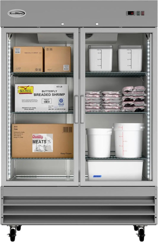 KoolMore Commercial Stainless-Steel Upright Freezer with Reach-In Self-Close Glass Doors - 6 Storage Shelves, Heavy-Duty Caster Wheels, RIF-2D-GD