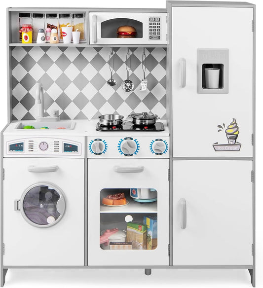 HONEY JOY Kids Kitchen Playset - Wooden Little Chef Pretend Play Kitchen Set w/Ice Maker, Lighted Stove, Storage Cabinet, Realistic Washing Machine