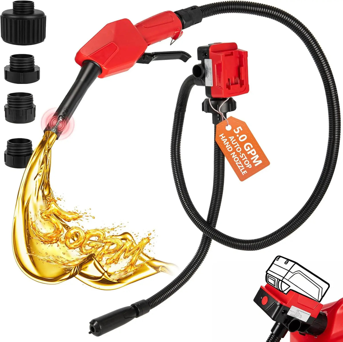 Cordless 5.0GPM Gas Pump with Auto‑Stop& Hand Nozzle - Compatible with DeWalt 20V & Milwaukee 18V, 51 Inch Hose, Vertical‑Use for Gasoline, Diesel