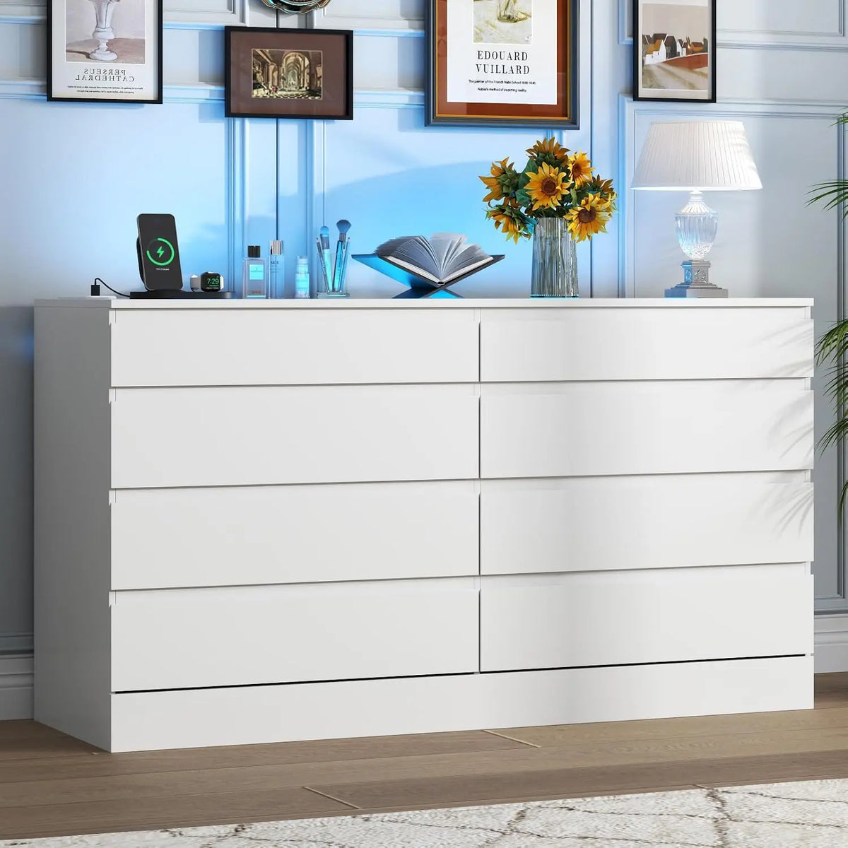 8 Drawer Dresser for Bedroom - White Dresser with Power Outlet & LED Lights