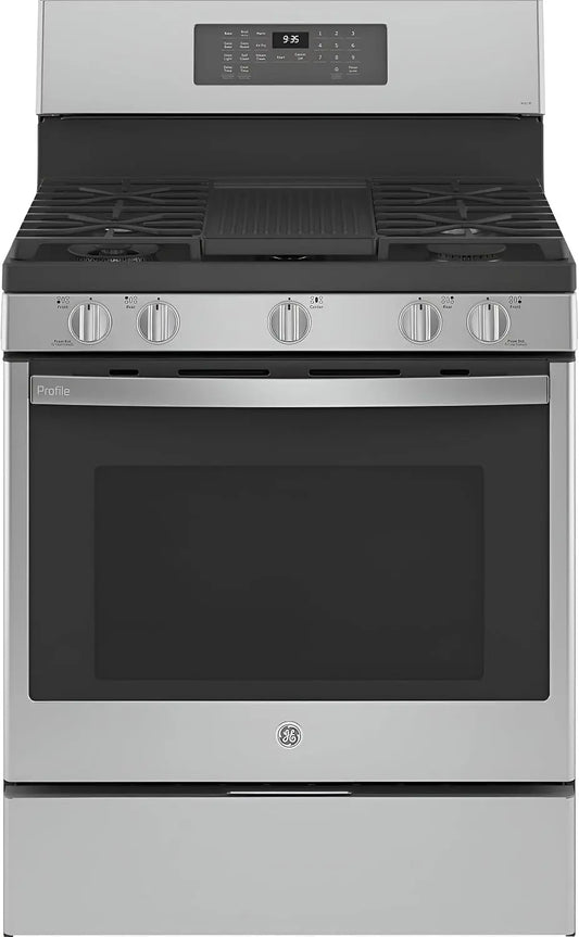 GE Profile 30 Inch 5 Burner Smart Freestanding Gas Range in Fingerprint Resistant Stainless - Convection and Air Fry