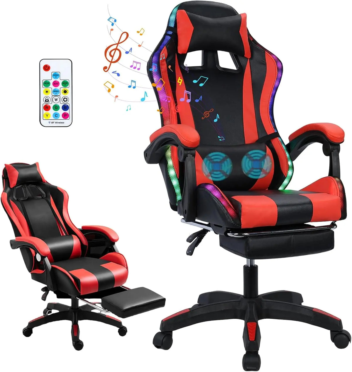 Gaming Chair with Bluetooth Speakers and Led Lights - Massage Gamer Chair with Footrest High Back and Lumbar Support, Black Red