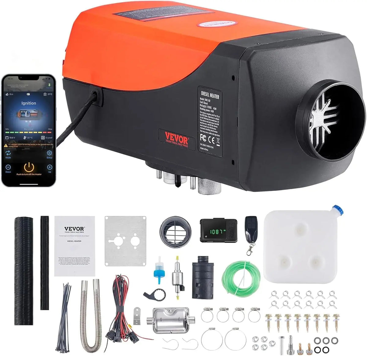 VEVOR Bluetooth App Control Diesel Air Heater - 12V 2KW Diesel Heater with Automatic Altitude Adjustment, Remote Control and LCD