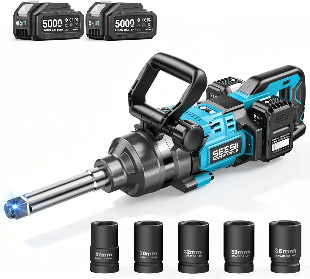 Seesii Cordless 1 Inch impact gun 2582 Ft-lbs - 3500 N.m, High Torque Impact Wrench 7.88 Inch Extended Anvil with 21V 2x5.0 Ah Battery, for Truck