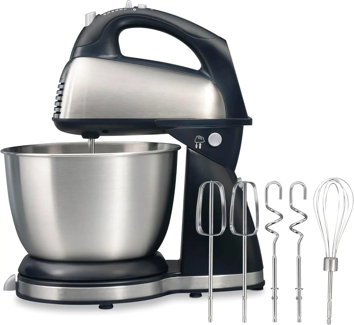 Hamilton Beach Classic Stand and Hand Mixer - 4 Quarts, 6 Speeds with QuickBurst, Bowl Rest, 290 Watts Peak Power, Black and Stainless