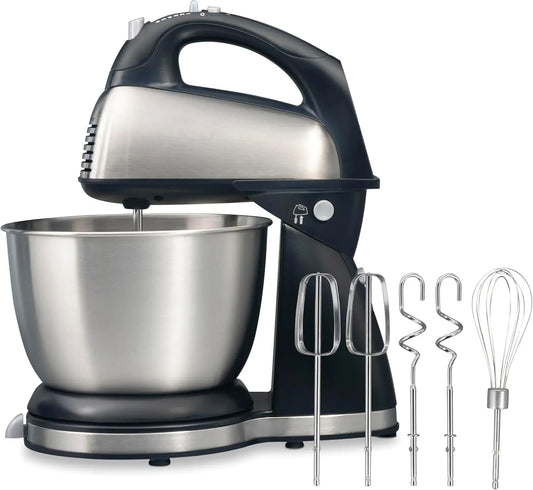 Hamilton Beach Classic Stand and Hand Mixer - 4 Quarts, 6 Speeds with QuickBurst, Bowl Rest, 290 Watts Peak Power, Black and Stainless