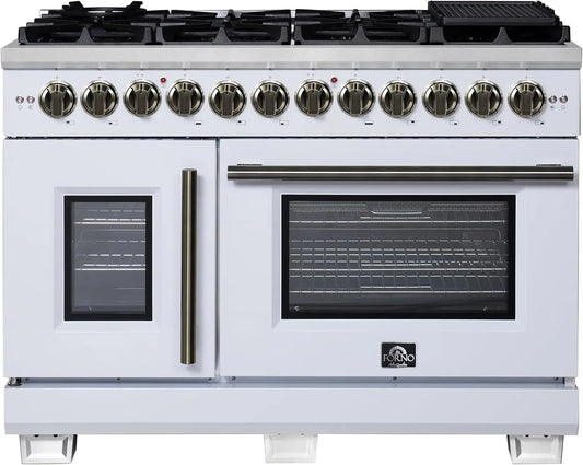 Capriasca 48 Inch French Door Dual Fuel Range in White - With Antique Brass Accessories