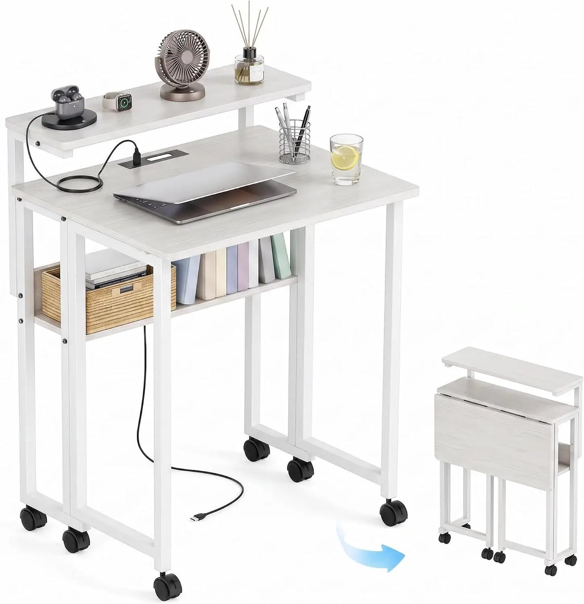 Garvee Folding Desk w/Ergonomic Monitor Stand - USB Charging, 24.8 Inch Small Desk