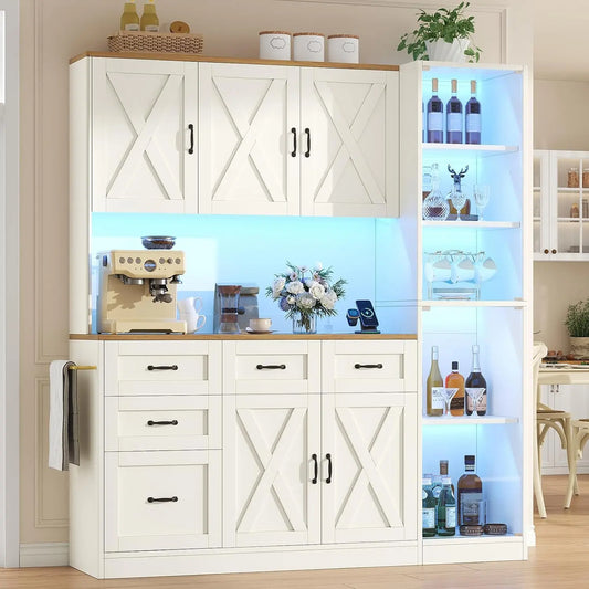 63W Kitchen Pantry Cabinet with Charging Station & RGB LED Lights - 71 Inch Tall Kitchen Hutch with Glass Door Wine Cabinet, White