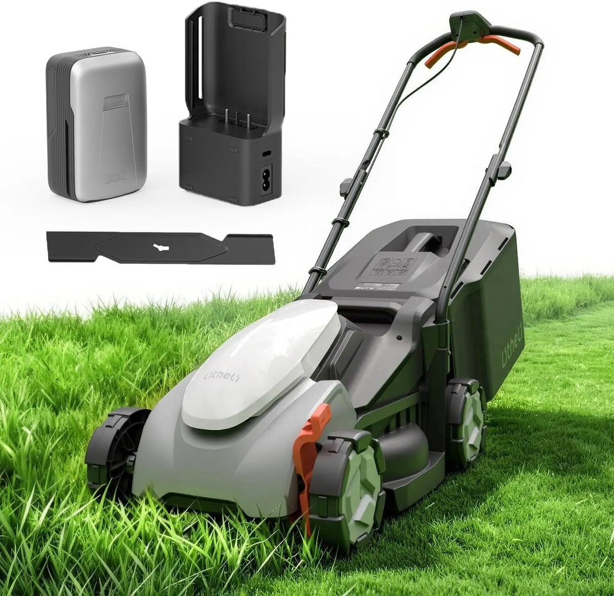 Litheli 14 Inch Cordless Lawn Mower - Push Mower with 5.0Ah Battery and Smart Charger, Brushless Motor Lawnmower, 5-Position Height Adjustment