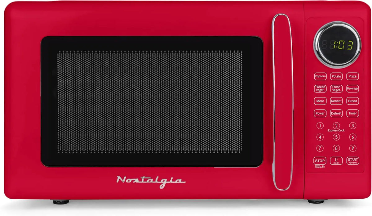 Nostalgia Modern Retro Compact Countertop Microwave Oven - 0.7 Cu. Ft., 700-Watts with LED Digital Display, Child Lock, Easy Clean Interior, Red