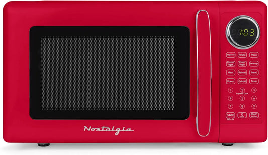 Nostalgia Modern Retro Compact Countertop Microwave Oven - 0.7 Cu. Ft., 700-Watts with LED Digital Display, Child Lock, Easy Clean Interior, Red