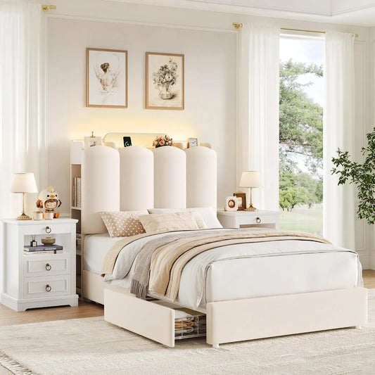 HOSTACK Twin Upholstered Platform Bed Frame with Storage Headboard - Beige