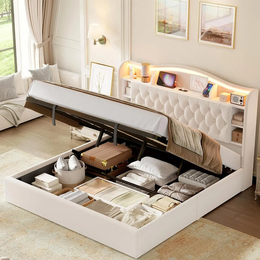 Keyluv Queen Lift Up Storage Bed with LED Lights & Charging Station - Beige