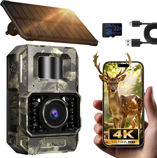 MAXDONE Solar WiFi Trail Camera - 4K 64MP Bluetooth Night Vision Game Camera