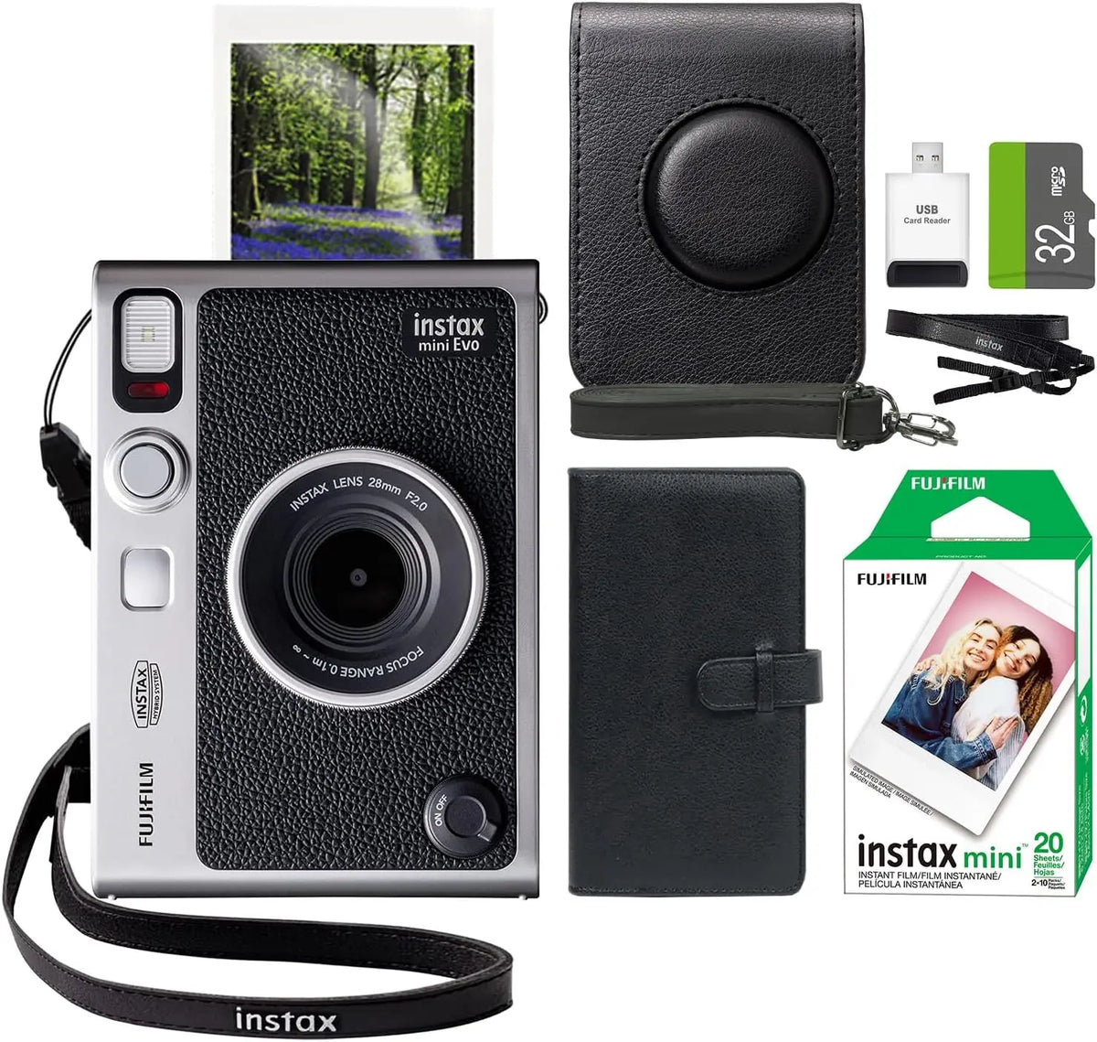 FUJIFILM INSTAX Mini EVO Hybrid Instant Camera + Fuji Instax Film 20 Sheet + Custom Case & Album 32GB Accessory Bundle - Black