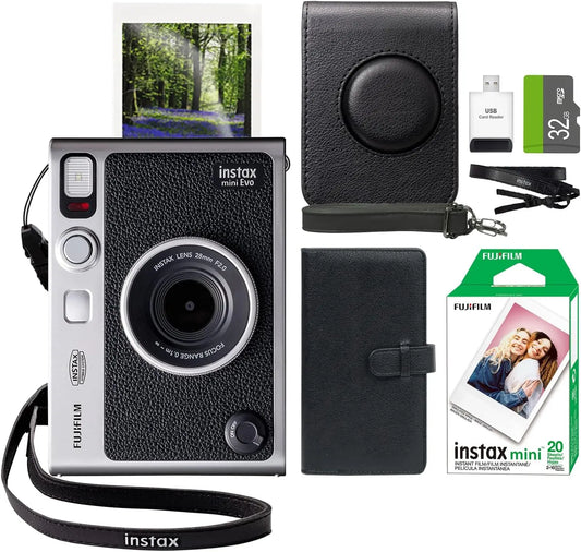 FUJIFILM INSTAX Mini EVO Hybrid Instant Camera + Fuji Instax Film 20 Sheet + Custom Case & Album 32GB Accessory Bundle - Black