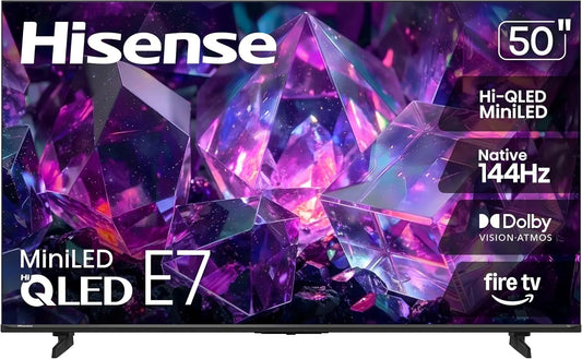 Hisense 50 Inch E7 Cinema Series Hi-QLED Mini-LED 4K UHD Smart Fire TV - 50E7SF, 2026 NEW, Native 144Hz, AI Picture, Dolby Vision IQ · Atmos, FALD