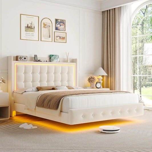 Keyluv Queen Floating Bed Frame with Storage Headboard - LED Lights & Charging Station Platform Bed, Soft Upholstered Velvet, USB/Type-C Ports, Beige