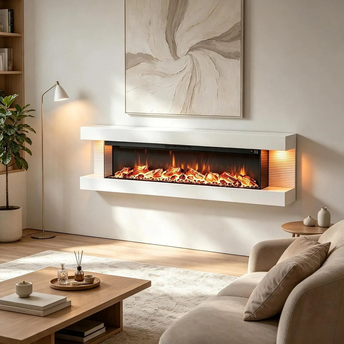 ORALNER 3 Sided Wall Mount Electric Fireplace w/ 60 Inch Floating Mantel - White