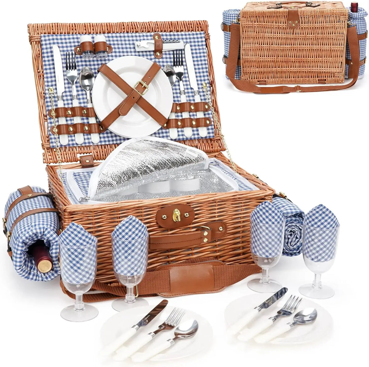 WILLOW WEAVE Picnic Basket for 4 - Insulated Willow Picnic Baskets -Blue