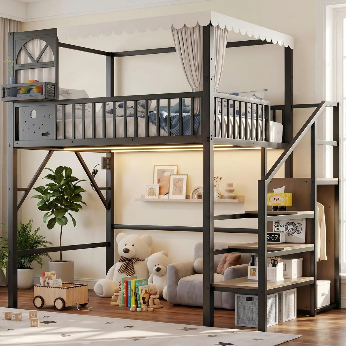 Mirightone Full Size Loft Bed with Storage Stairs - Wardrobe, Bedside Shelf, RGB LED Lights & Charging Station, Full Loft Beds with Canopy, Black
