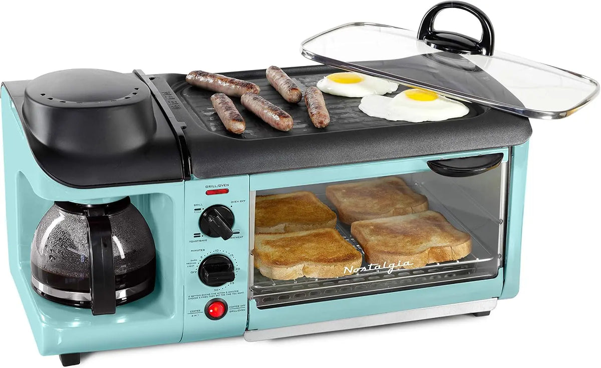 Nostalgia 3-in-1 Breakfast Station - Includes Coffee Maker, Nonstick Griddle, and 4-Slice Toaster Oven, Versatile Breakfast Maker with Timer, Aqua