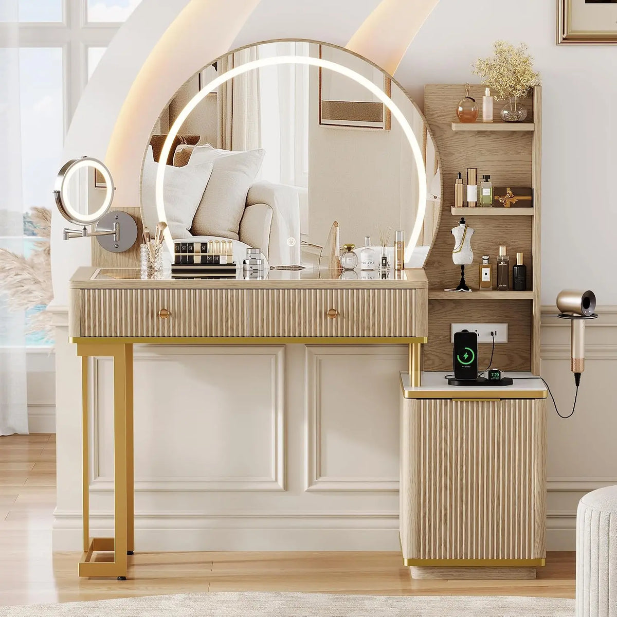 iPormis Makeup Vanity Desk with Round Mirror and Lights - Glass Top Vanity Table w/5x Magnifying Makeup Mirror, Dressing Table w/Power Outlets