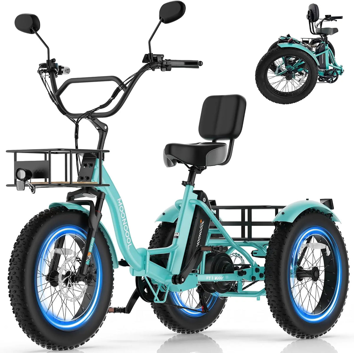 MOONCOOL Electric Trike for Adults - 20 Inch Fat Tire 7 Speed Folding Tricycle