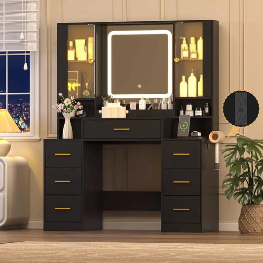 Wodeer Black Makeup Vanity Desk with Mirror & Lights - Modern Vanity Table with Charging Station, 7 Drawers, Glass Cabinet, Adjustable Shelves