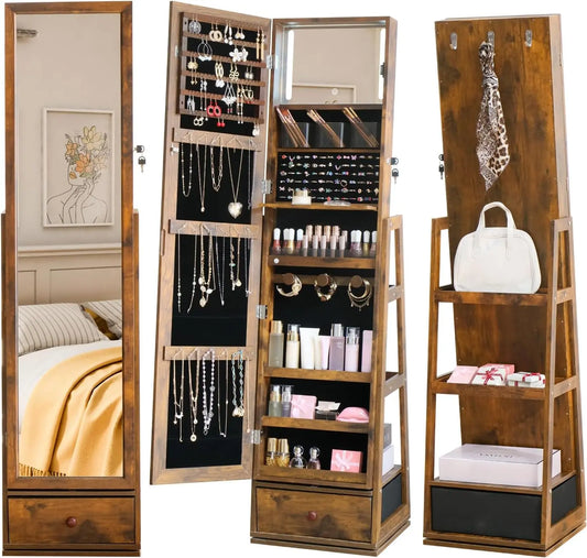 360° Swivel Full Length Mirror Jewelry Cabinet Standing - Built-In Mirror Jewelry Armoire With Mirror Drawers