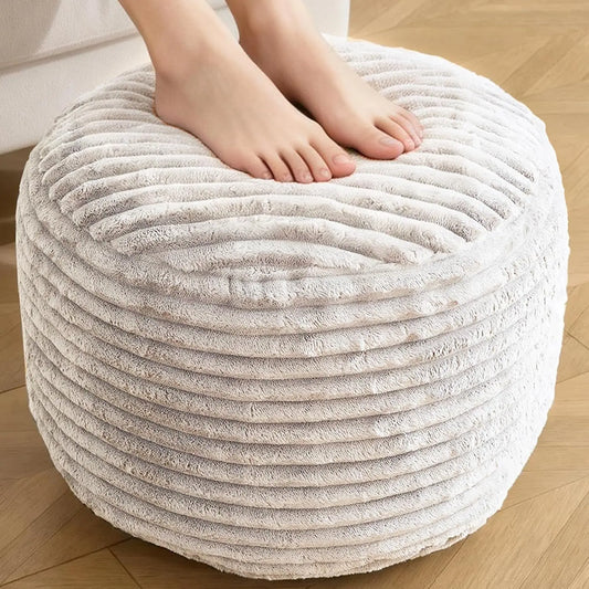 Round Pouf Ottoman - Corduroy Foot Rest, Beige, 20x15 in