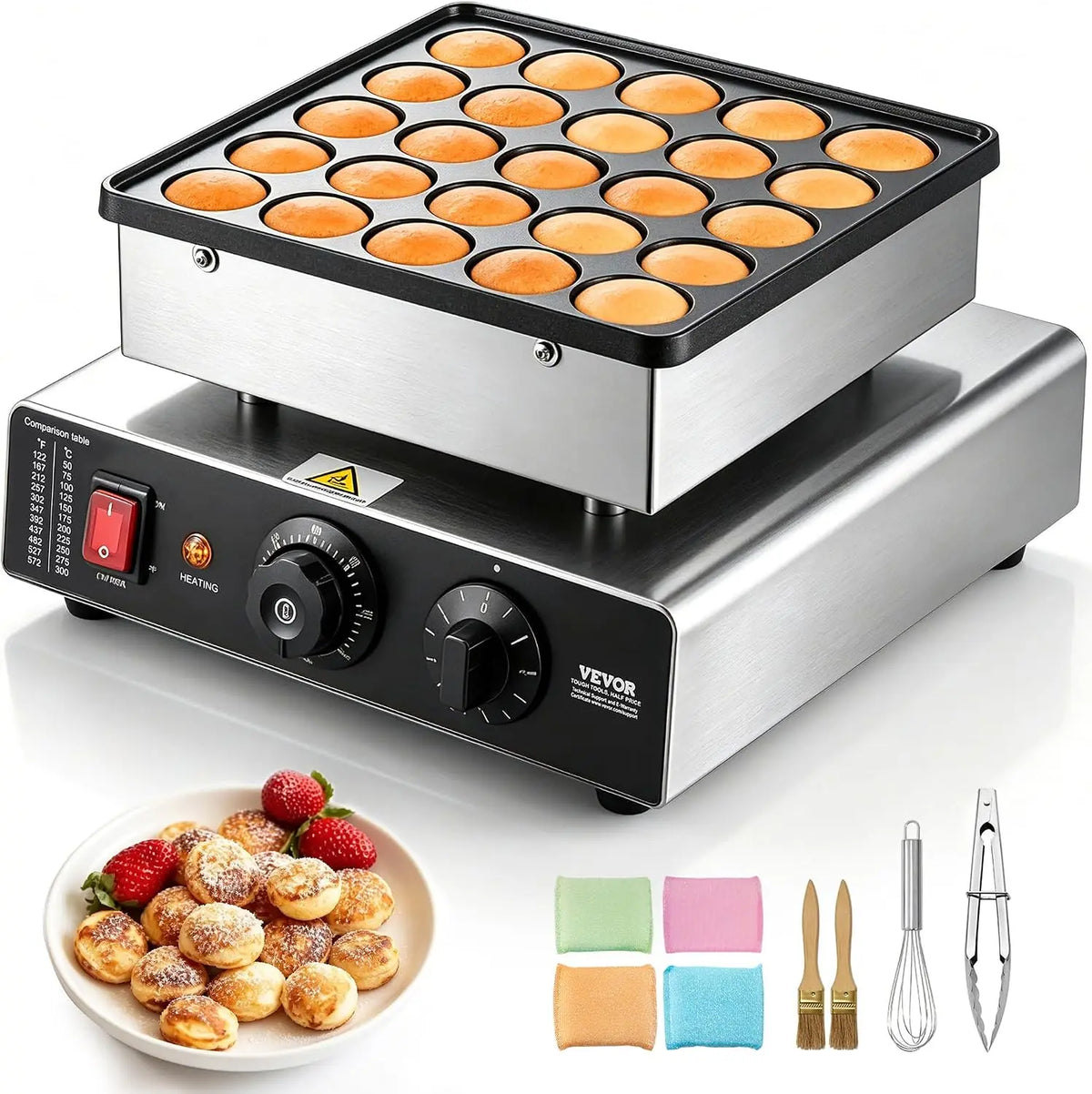 VEVOR Mini Pancake Maker - 25PCS 43mm Diameter Dutch Muffin Waffle Baker, Nonstick Stainless Steel Poffertjes Grill, Temp & Time Control