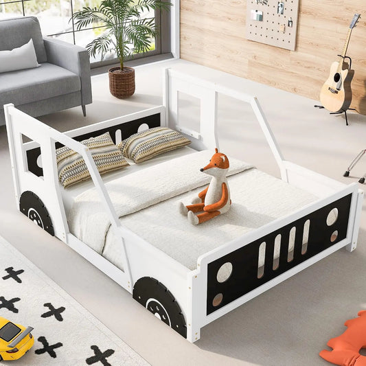 Full Size Car-Shaped Platform Bed Frame with Wheels & Rails for Kids - White