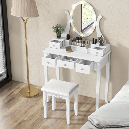 CHARMAID Makeup Vanity Table with Lighted Mirror - Vanity Desk with 10 LED Lights, Adjustable Brightness, 5 Drawers and Removable Storage Organizer