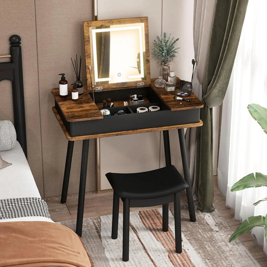 CHARMAID Vanity Desk with 3-Color Lighted Flip Top Mirror - 7 Storage Compartments, Side Organizers, USB Port, Easy Assembly, Rustic Brown
