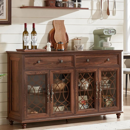 Joaxswe Farmhouse Sideboard Buffet Cabinet with Storage - 59 Inch Large Credenza with 4 Glass Doors & 2 Drawers, Adjustable Shelves Console Table