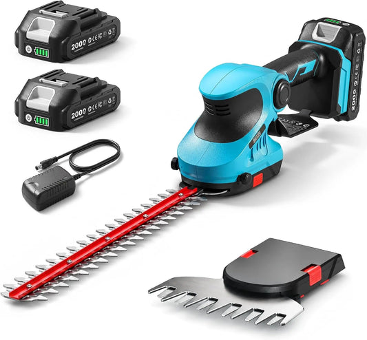 Seesii 2-in-1 20V Cordless Hedge Trimmer 12 Inch & Grass Shear - 2 Batteries