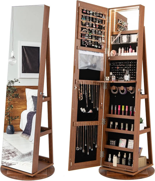 COSTWAY 360° Rotating Mirror Jewelry Armoire - Freestanding Jewelry Organizer w/ 3-Color LED Lights, Full-length Mirror w/Jewelry Storage, Cloakroom