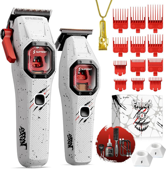 SUPRENT FANGS Professional Barber Clippers - High-Performance 13, 000 RPM Vector Motor Hair Clipper Barber Trimmer Set, Patented U-Teeth Blade, WHITE