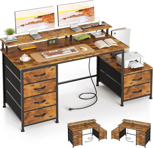 52 Inch Office Desk with 6 Drawers and Printer Space for Storage - Reversible Computer Desk with Monitor Stand & Power Outlets, Home Office Desks
