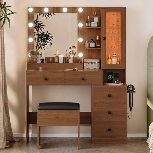 Vanity Desk with Mirror and Lights - Walnut Makeup Vanity with 5 Drawers Hidden Jewelry Organizer& LED Glass Cabinet
