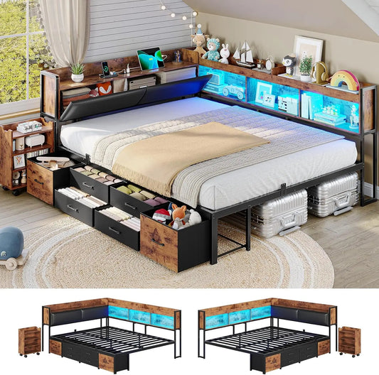 MSmask 14 Inch Corner Bed Frame with Pull-Out Cabinet - Bookcase & Headboad Storage, Full LED Daybed with 6 Drawers, Charging Station