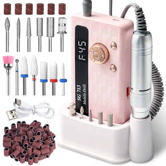 Professional Nail Drill Kit 45000RPM - Portable Electric Nail File with 13 Bits & 56pcs Sanding Bands, LED Screen, Ultra-Silent, Pink