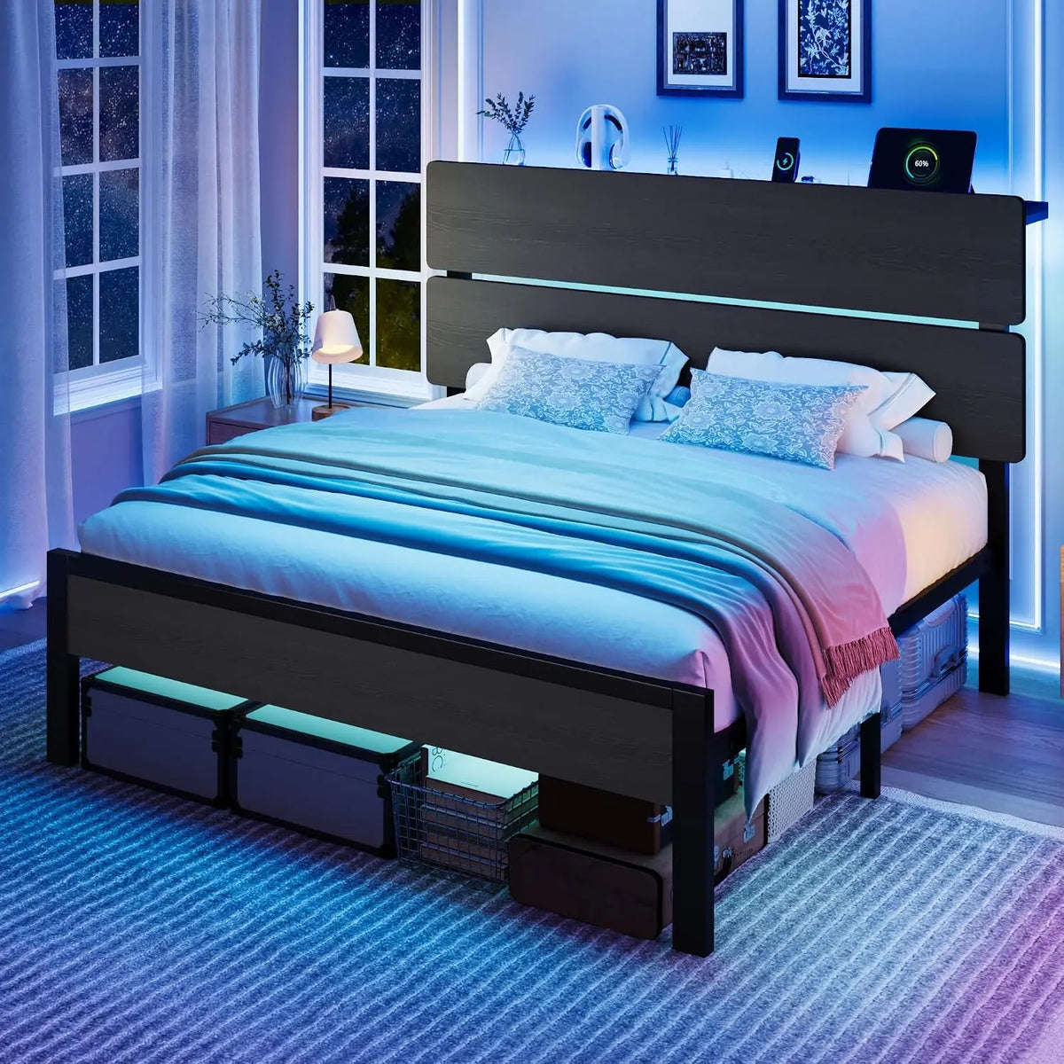 SHA CERLIN Full Size Bed Frame - Led Light, Charging Station, Storage Shelf