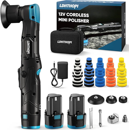 LDHTHOPI 73Pcs Cordless Mini Car Polisher Kit - 12V DA/RO Polisher, 6-Speed